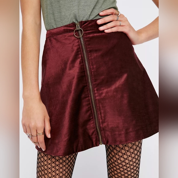 Free People Dresses & Skirts - Free People One & Only Fit and Flare Burgundy Velvet Mini Skirt